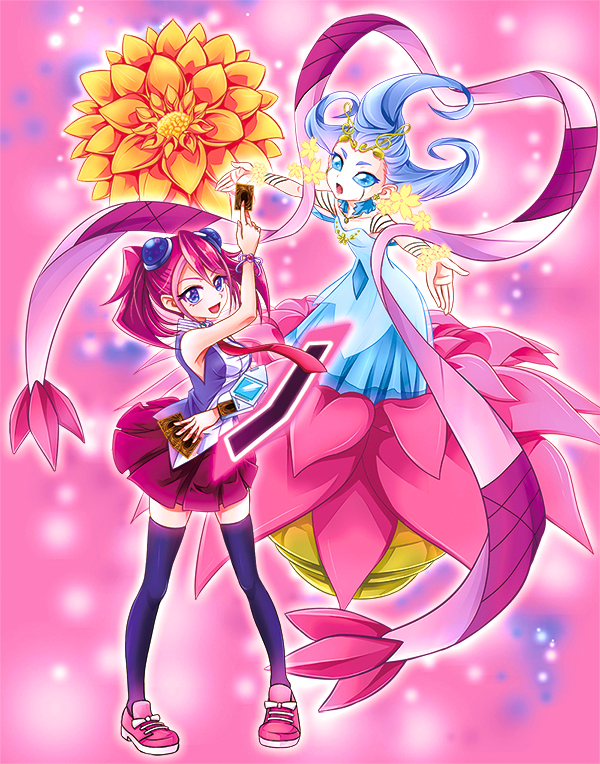 2girls, bloom_diva_the_melodious_choir, blue_eyes, bracelet, hiiragi_yuzu, jewelry, multicolored_hair, multiple_girls