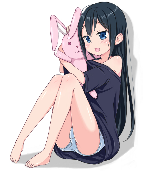 1girl, bare_legs, bare_shoulders, barefoot, black_hair, blue_eyes, blush, kimagure_blue