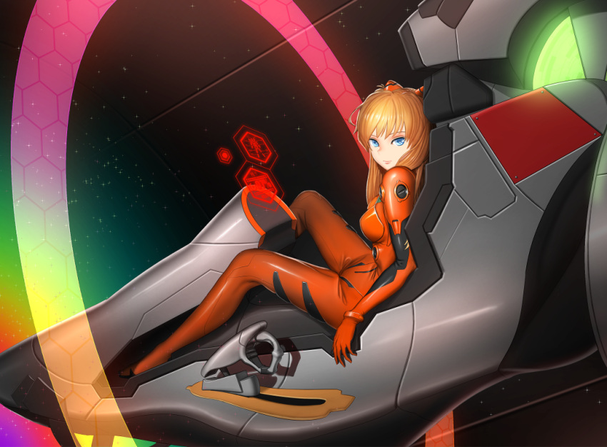 1girl, banajune, bangs, blue_eyes, bodysuit, floating_screen, from_side, glowing, hair_ornament, hexagon, long_hair, looking_at_viewer, machinery, neon_genesis_evangelion, orange_hair, pilot_suit, plugsuit, revision, sitting, solo, souryuu_asuka_langley, space, star_(sky), transparent, vehicle