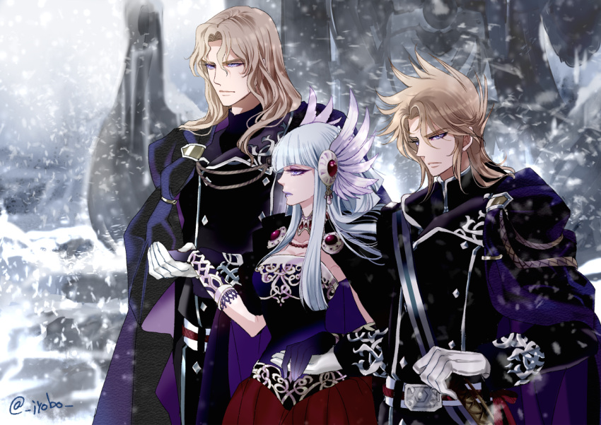 1girl, 2boys, brown_hair, cape, dubhe_alpha_siegfried, gloves, grani_sigmund, jobo_(isi88)