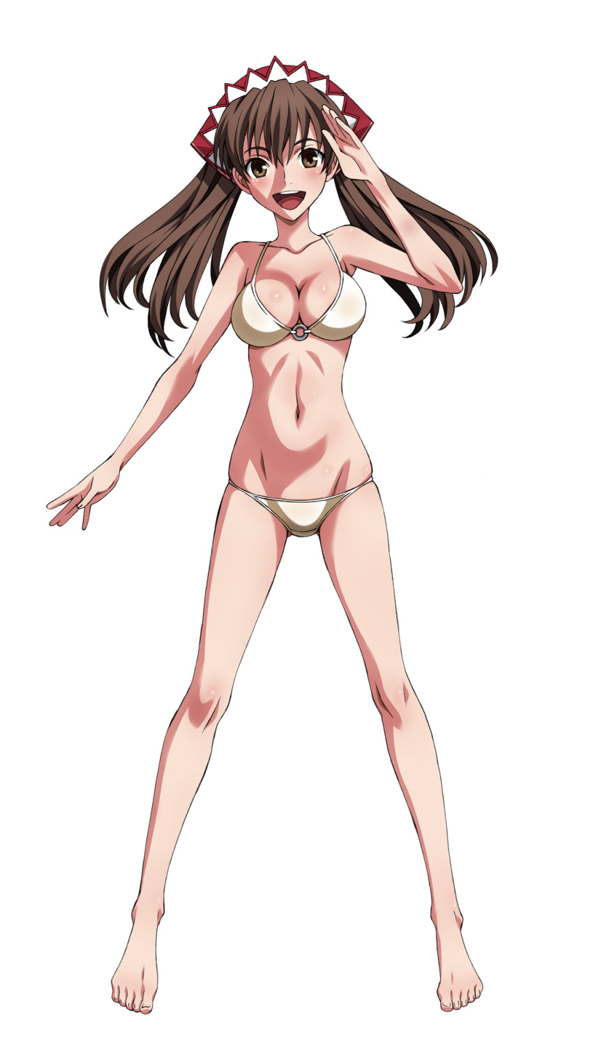 barefoot, bikini, blush, breasts, brown_eyes, brown_hair, cleavage, feet