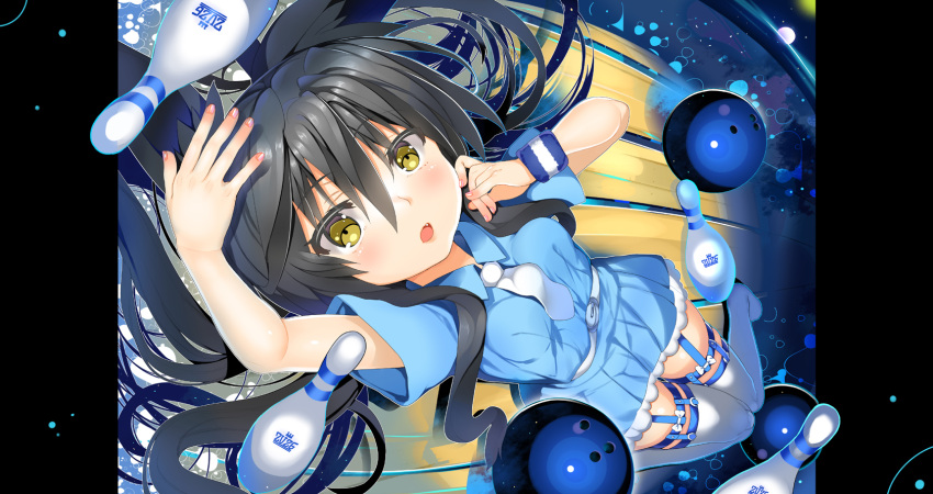 1girl, arm_up, ball, black_hair, blush, bowling_ball, bowling_pin, char