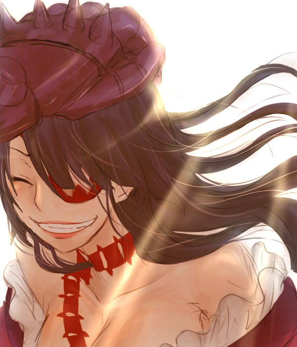 adiane, blush, breasts, cleavage, eyepatch, gauntlets, hand_on_head, happy