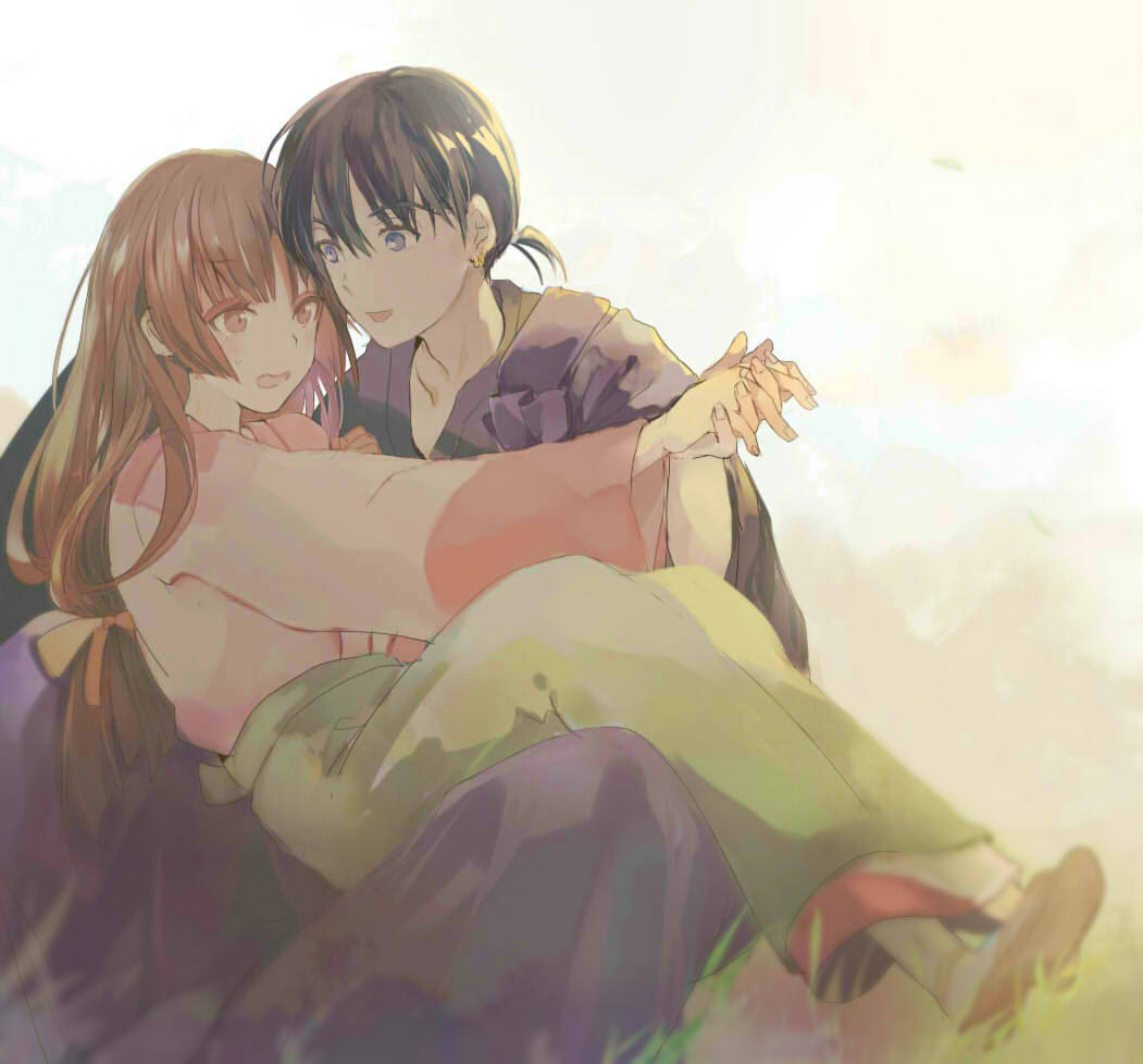 1boy, 1girl, black_hair, brown_eyes, brown_hair, couple, hetero, interlocked_fingers