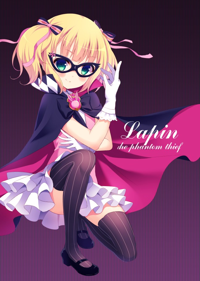 1girl, alternate_hairstyle, april_fools, blonde_hair, bow, cape, domino_mask, gloves