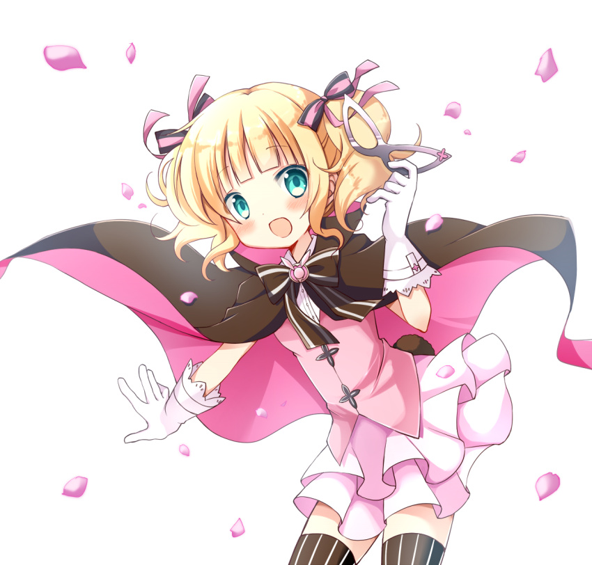 1girl, :d, alternate_hairstyle, april_fools, aqua_eyes, blonde_hair, bow, bowtie