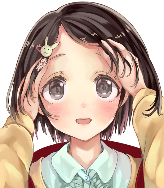 1girl, :d, backpack, bag, bangs, black_eyes, black_hair, blush