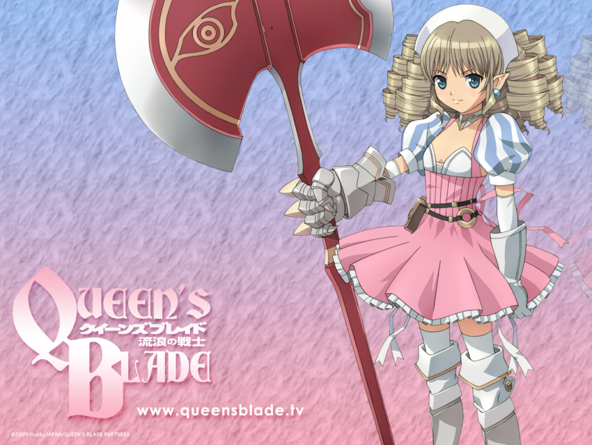 1girl, armor, armored_dress, axe, blue_background, blue_eyes, drill_hair, earrings