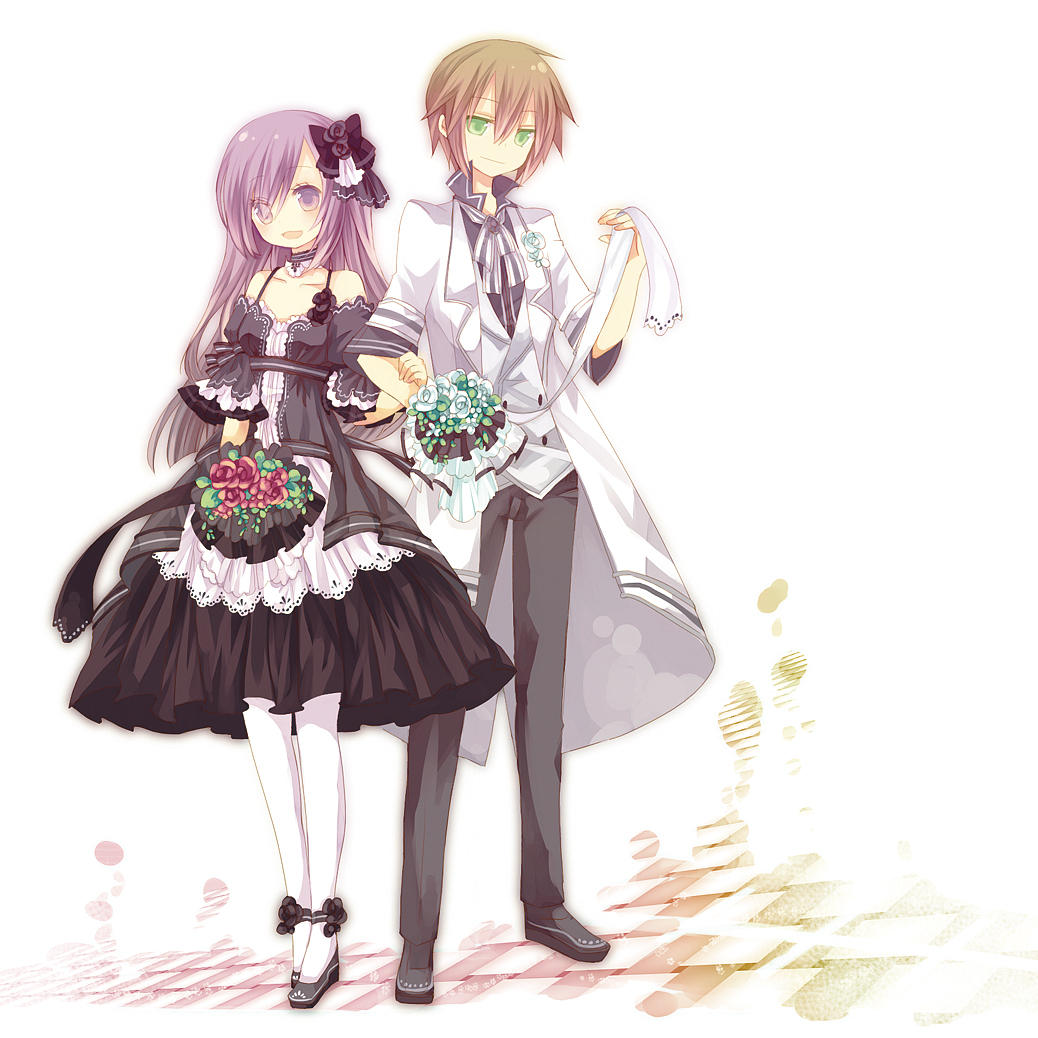 aruya_(flosrota), bad_id, bare_shoulders, bouquet, brown_hair, couple, dress, flower