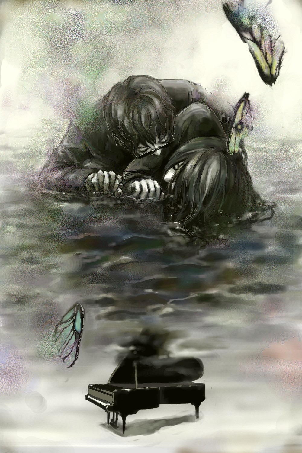 1boy, 1girl, black_hair, butterfly, death, formal, glasses, highres