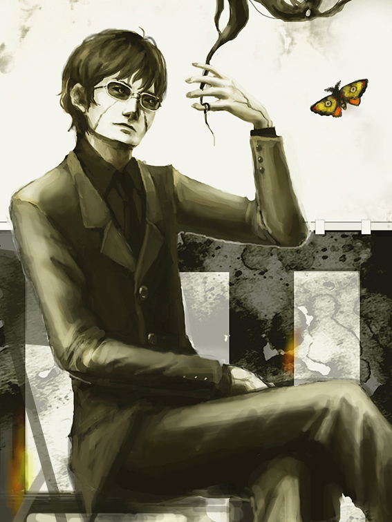 1boy, black_hair, butterfly, crossed_legs, formal, glasses, kandori_takahisa, looking_at_viewer