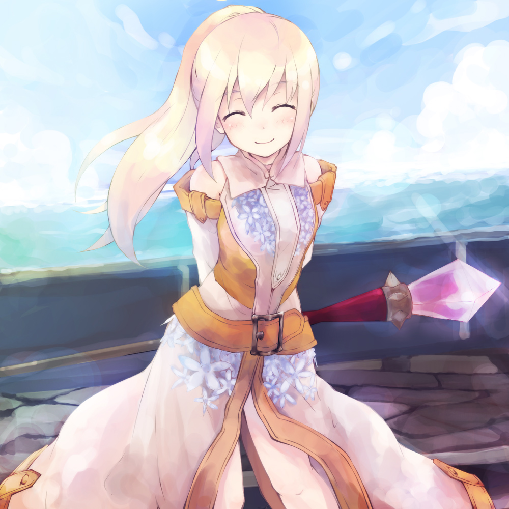 bare_shoulders, belt, blonde_hair, blush, closed_eyes, dress, fantasy_earth_zero, glowing