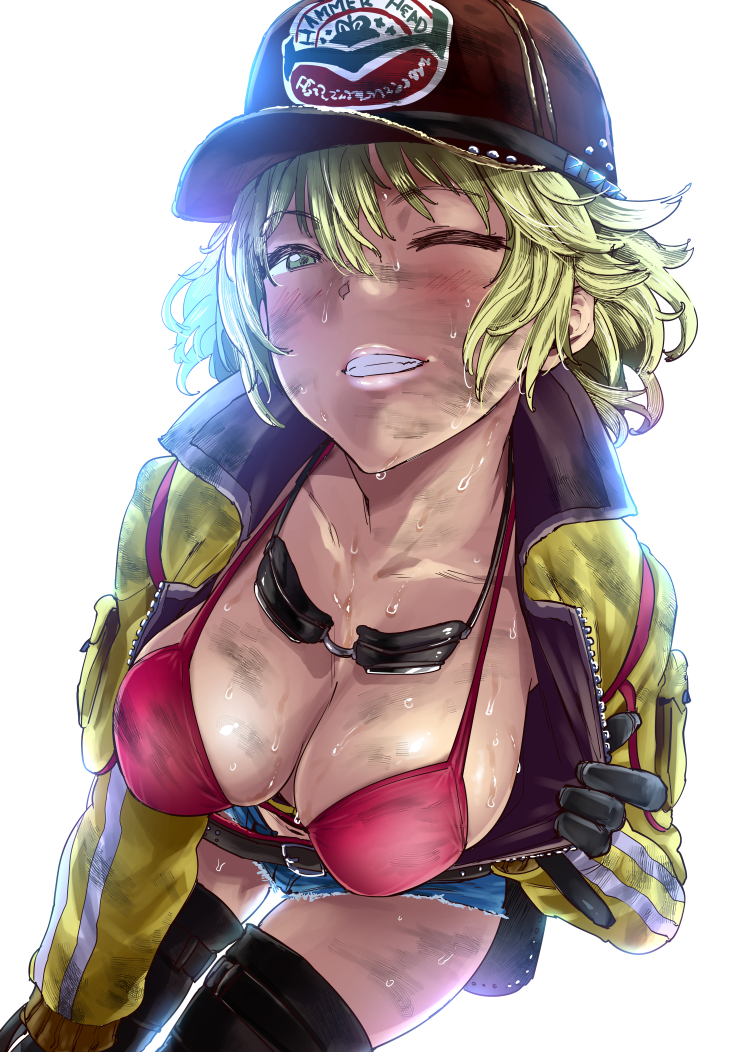 1girl, baseball_cap, black_gloves, blonde_hair, breasts, cidney_(final_fantasy), cleavage, commentary_request, cropped_jacket, denim, denim_shorts, dirty_face, final_fantasy, final_fantasy_xv, gloves, goggles, goggles_around_neck, green_eyes, hat, hot, large_breasts, leaning_forward, lips, navel, one_eye_closed, pija_(pianiishimo), short_hair, shorts, smile, solo, sweat, sweating, thigh-highs, wet