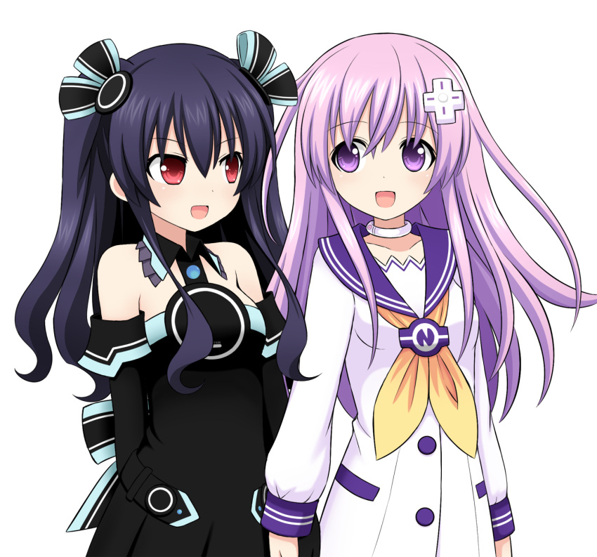2girls, ami_(ammy33), bare_shoulders, black_hair, blush, d-pad, elbow_gloves, gloves, hair_ornament, highres, holding_hands, long_hair, multiple_girls, nepgear, neptune_(series), open_mouth, purple_hair, red_eyes, striped, twintails, uni_(choujigen_game_neptune), violet_eyes