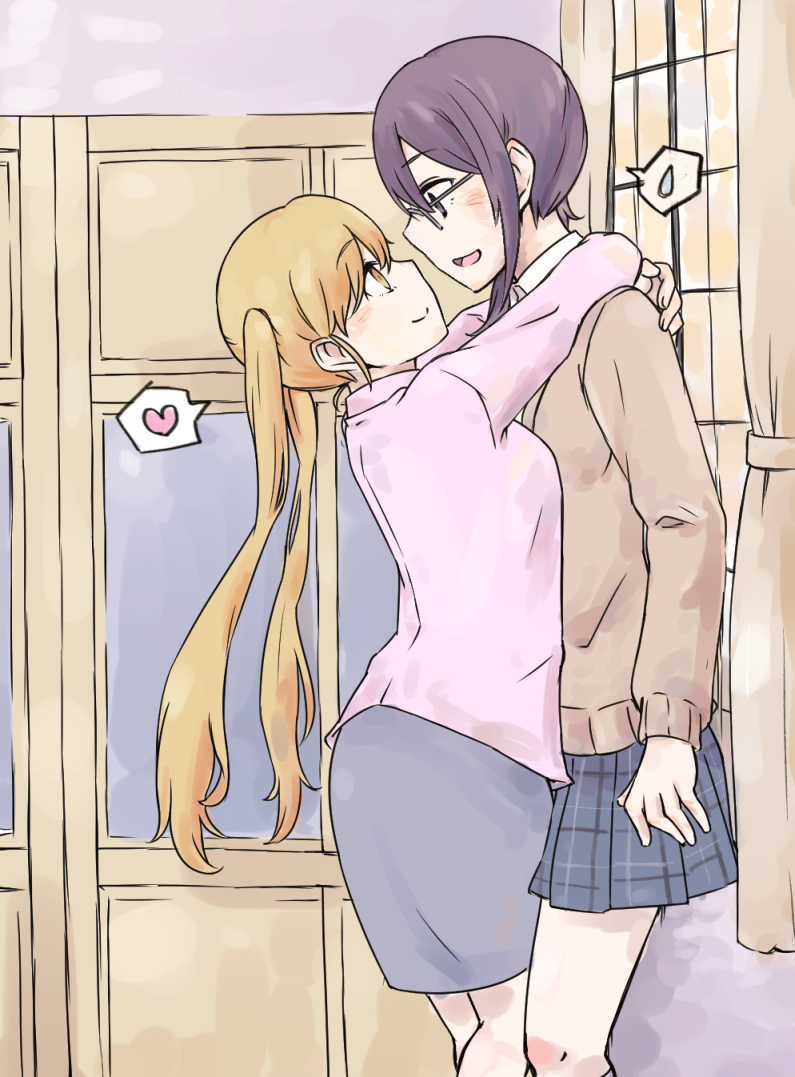 2girls, a.kokonoka, couple, eye_contact, hug, looking_at_another, multiple_girls, okujou_no_yurirei-san