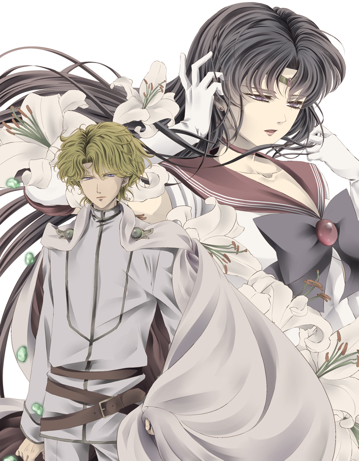 1boy, 1girl, belt, bishoujo_senshi_sailor_moon, black_hair, blonde_hair, blue_eyes, cape, choker, circlet, elbow_gloves, flower, gloves, hino_rei, isshi_(takakonbu), jadeite_(sailor_moon), lily_(flower), ribbon, sailor_collar, sailor_mars, violet_eyes, white_gloves