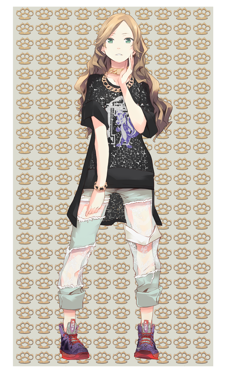 1girl, bracelet, brass_knuckles, brown_hair, chain_necklace, fashion, full_body, gold_chain, green_eyes, hand_on_own_cheek, highres, jewelry, looney_tunes, original, pants, pants_rolled_up, pepe_le_pew, print_shirt, ripped_jeans, see-through, shirt, shoes, solo, weapon, white_border, yoshito