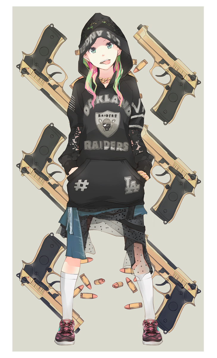 1girl, :p, ammunition, beretta_92, bullet, cartridge, fashion, full_body, gold_chain, green_eyes, green_hair, gun, handgun, hands_in_pockets, highres, hood, hoodie, multicolored_hair, national_football_league, oakland_raiders, original, pink_hair, pistol, shoes, solo, tongue, tongue_out, two-tone_hair, weapon, white_border, white_legwear, yoshito