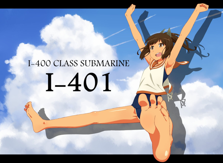 1girl, :d, akitetsu, armpits, arms_up, bare_arms, bare_legs, bare_shoulders