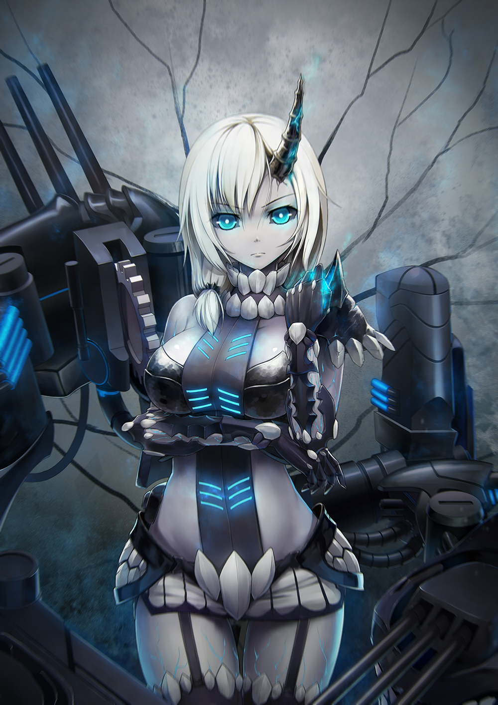 1girl, against_wall, asymmetrical_bangs, asymmetrical_clothes, bangs, bare_shoulders, belt, black_gloves, black_legwear, black_sclera, blue_eyes, breastplate, breasts, cannon, capsule, clenched_hand, closed_mouth, collar, cowboy_shot, crevice, dark_persona, elbow_gloves, expressionless, garter_straps, gears, gloves, hair_over_shoulder, highres, horn, large_breasts, looking_at_viewer, low_ponytail, machinery, midriff, miniskirt, revealing_clothes, shinkaisei-kan, short_hair, shoulder_pads, silver_hair, skirt, solo, thigh-highs, turret, white_skirt, xiaoyin_li, zhan_jian_shao_nyu