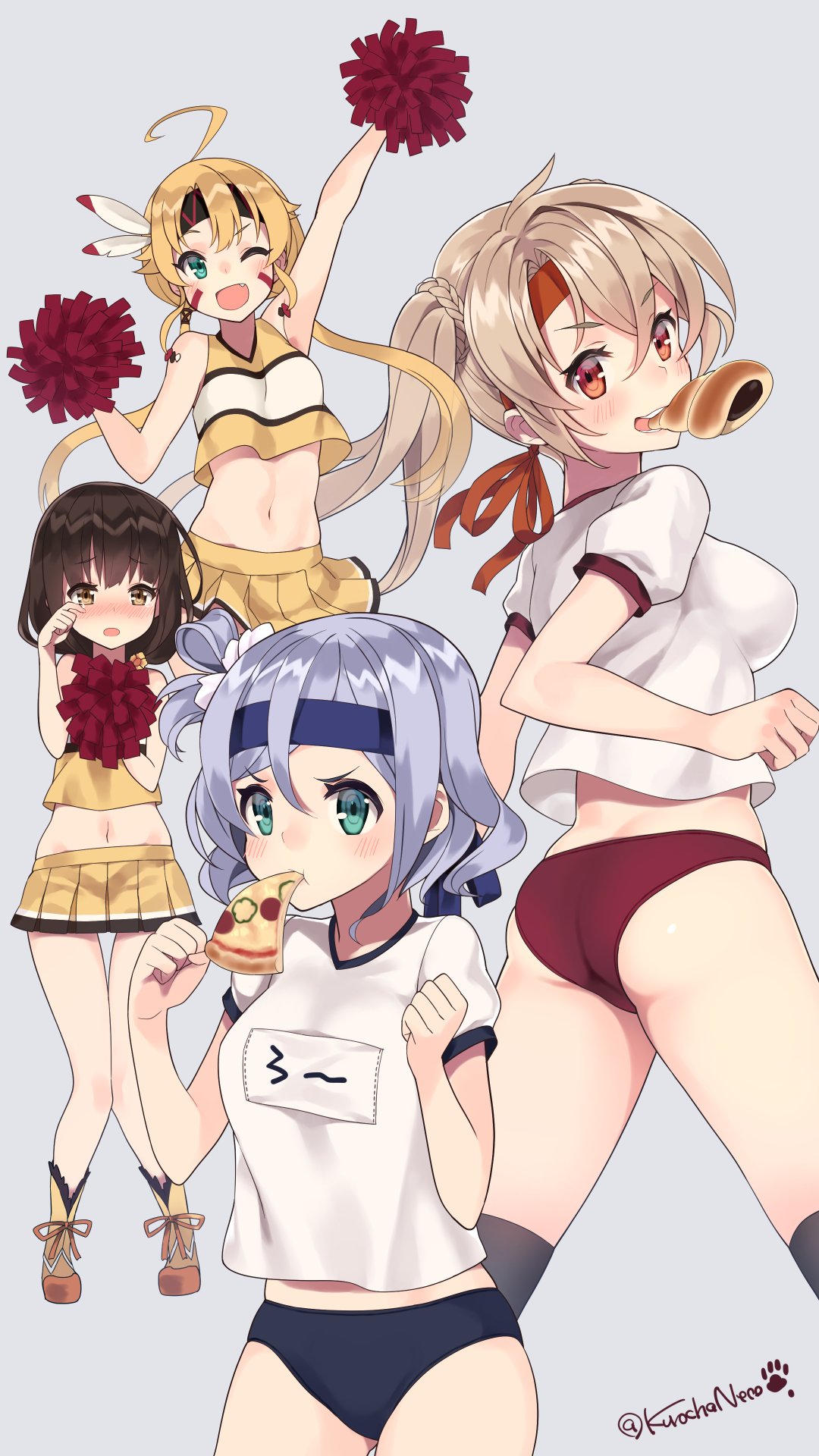 >:t, 4girls, :t, ;d, ahoge, aqua_eyes, arm_up, armpits