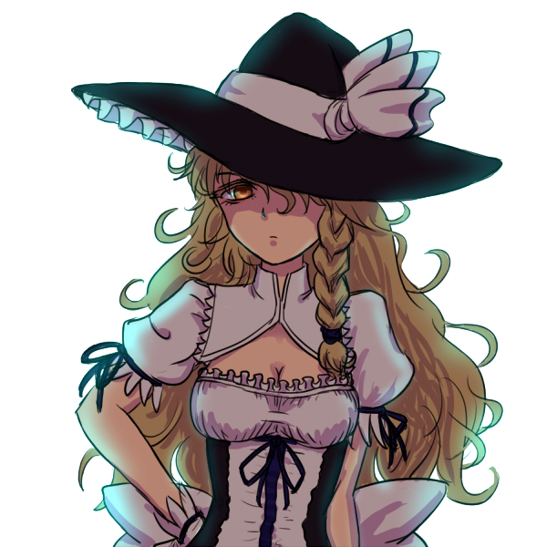 1girl, backlighting, black_hat, black_ribbon, blonde_hair, bloom, braid, breasts, cleavage, corset, dress, facing_viewer, frilled_dress, frills, gloves, grimoire_of_marisa, hand_on_hip, hat, hat_over_one_eye, hat_ribbon, kirisame_marisa, long_hair, looking_at_viewer, messy_hair, miata_(pixiv), puffy_short_sleeves, puffy_sleeves, ribbon, short_sleeves, side_braid, single_braid, solo, taut_clothes, taut_dress, touhou, upper_body, very_long_hair, white_gloves, white_ribbon, witch_hat, yellow_eyes