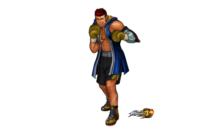 1boy, boxing_gloves, highres, jewelry, lip_piercing, male_focus, mechanical_arm, mori_toshiaki_(style), nelson_(kof), official_style, piercing, ronailson_maia, scar, single_earring, solo, the_king_of_fighters, the_king_of_fighters_xiv