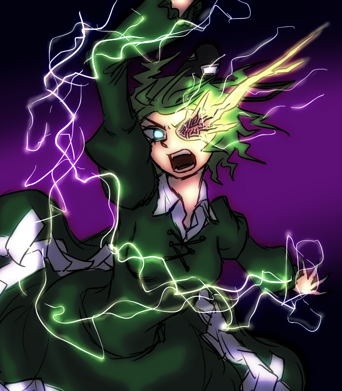 1girl, angry, arm_up, burning_eye, dress, glowing, glowing_eye, green_dress