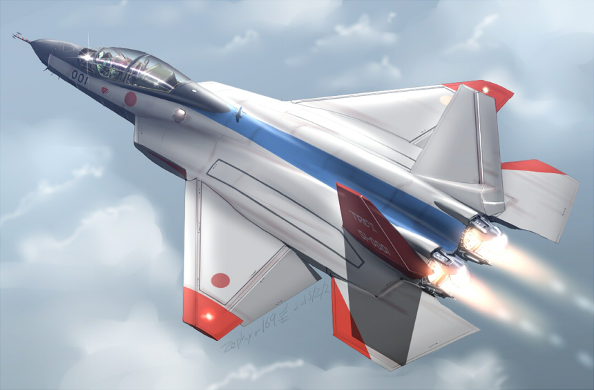 2015, afterburner, airplane, clouds, dutch_angle, fighter_jet, flying, japan