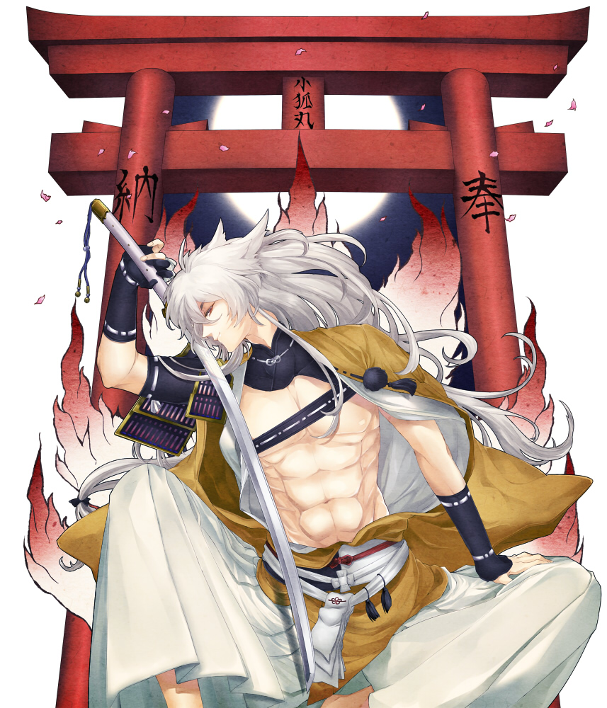1boy, abs, armor, black_gloves, gloves, hakama, japanese_armor, japanese_clothes