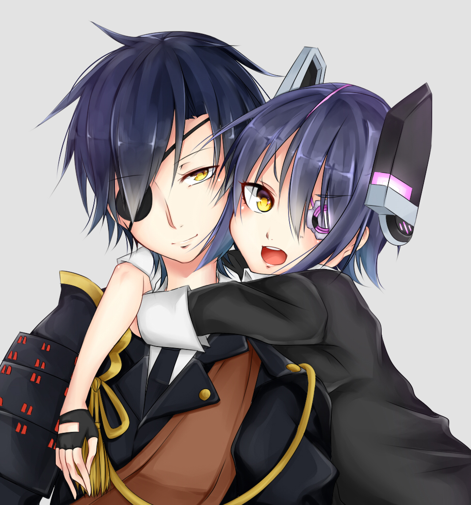 1boy, 1girl, armor, black_hair, blue_eyes, brown_hair, checkered, checkered_necktie, crossover, eyepatch, fingerless_gloves, gloves, headgear, hug, japanese_armor, kantai_collection, necktie, open_mouth, partly_fingerless_gloves, purple_hair, school_uniform, shokudaikiri_mitsutada, short_hair, smile, tenryuu_(kantai_collection), tenti0619, touken_ranbu, trait_connection, yellow_eyes