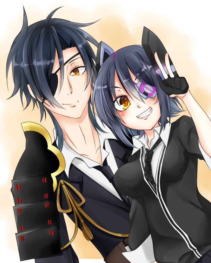 1boy, 1girl, armor, black_gloves, black_hair, breasts, brown_hair, checkered