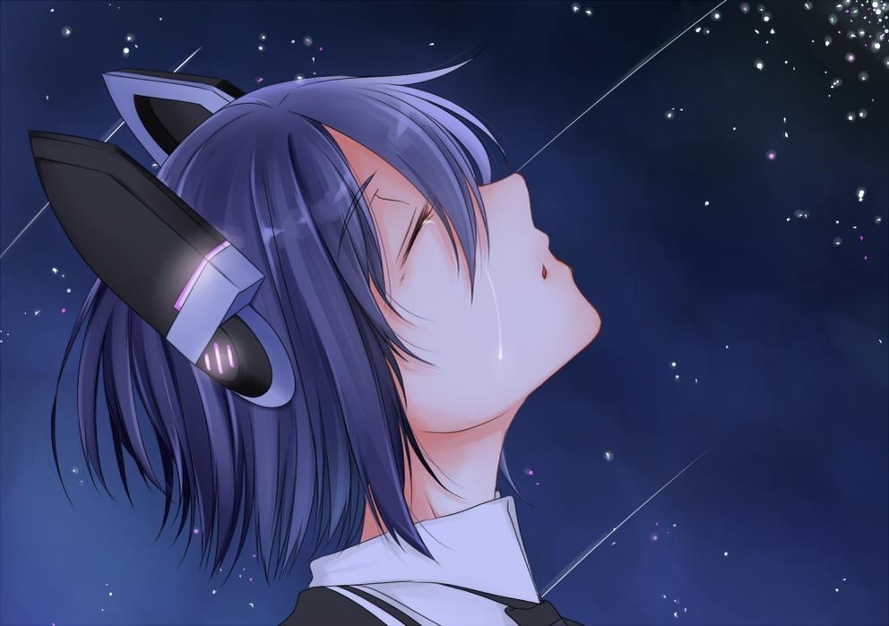 1girl, checkered, checkered_necktie, closed_eyes, headgear, kantai_collection, necktie, night