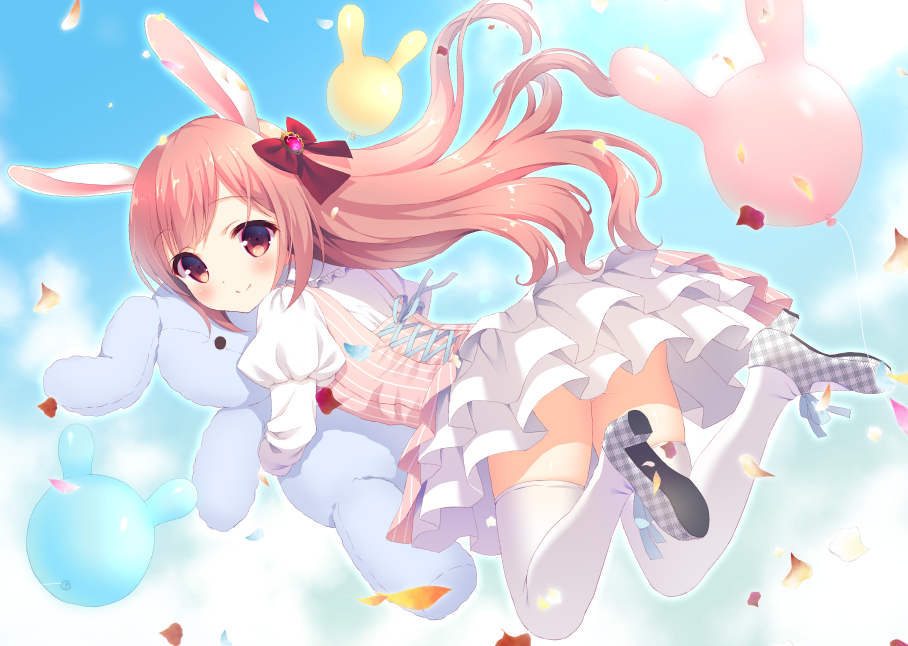 1girl, animal_ears, balloon, blush, bow, clouds, cloudy_sky, confetti, dress, frilled_dress, frills, hair_bow, long_hair, looking_at_viewer, looking_back, midair, object_hug, original, pink_hair, rabbit_ears, red_eyes, shoes, sky, smile, solo, stuffed_animal, stuffed_bunny, stuffed_toy, suzu_(kosakabe), thigh-highs, white_legwear