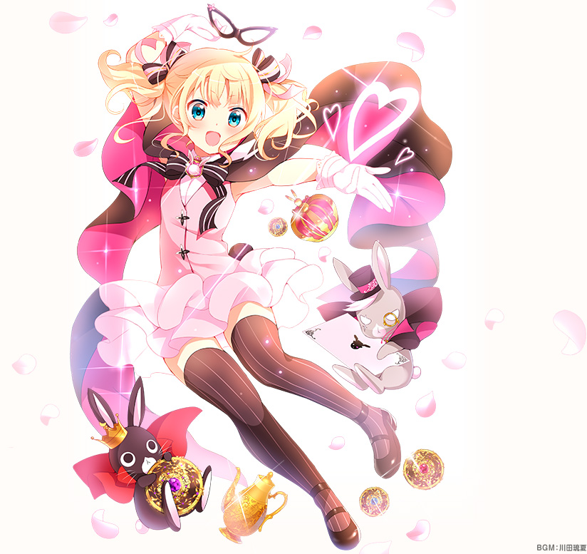 1girl, :d, alternate_costume, anko_(gochuumon_wa_usagi_desuka?), april_fools, black_legwear, black_shoes, blonde_hair, blue_eyes, bow, cape, card, crown, gem, gloves, gochuumon_wa_usagi_desu_ka?, hair_bow, hat, heart, kirima_sharo, koi_(koisan), mary_janes, monocle, official_art, oil_lamp, open_mouth, outstretched_hand, petals, phantom_thief, pinstripe_legwear, rabbit, shoes, short_hair, short_twintails, skirt, smile, solo, striped, striped_legwear, teapot, thigh-highs, top_hat, twintails, vertical-striped_legwear, vertical_stripes, white_gloves, wild_geese, zettai_ryouiki