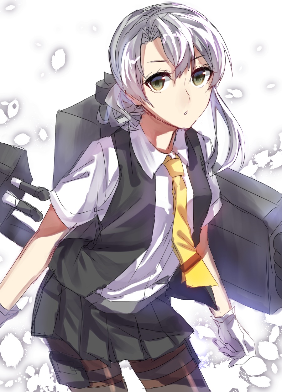 1girl, aa_gun, asymmetrical_hair, betti_(maron), blouse, cannon, flipped_hair, gloves, highres, kantai_collection, long_hair, machinery, necktie, nowaki_(kantai_collection), open_mouth, pantyhose, pleated_skirt, school_uniform, silver_hair, skirt, solo, torpedo, turret, vest, white_gloves, yellow_necktie