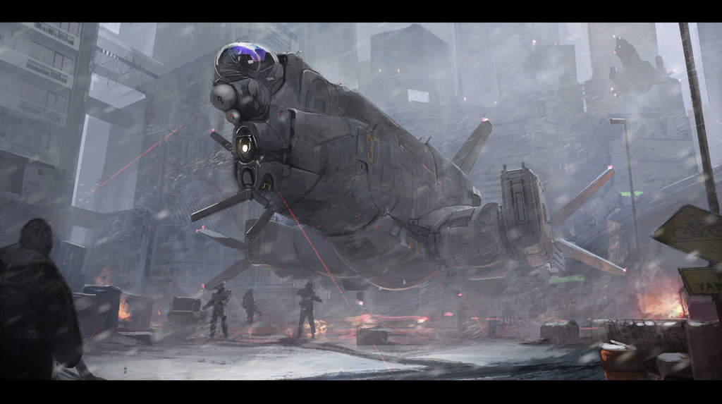 armor, building, coat, fire, flying, from_behind, good, gun, hood, hoodie, lamppost, laser, original, osama, rifle, science_fiction, snow, snowing, space_craft, standing, town, weapon, winter