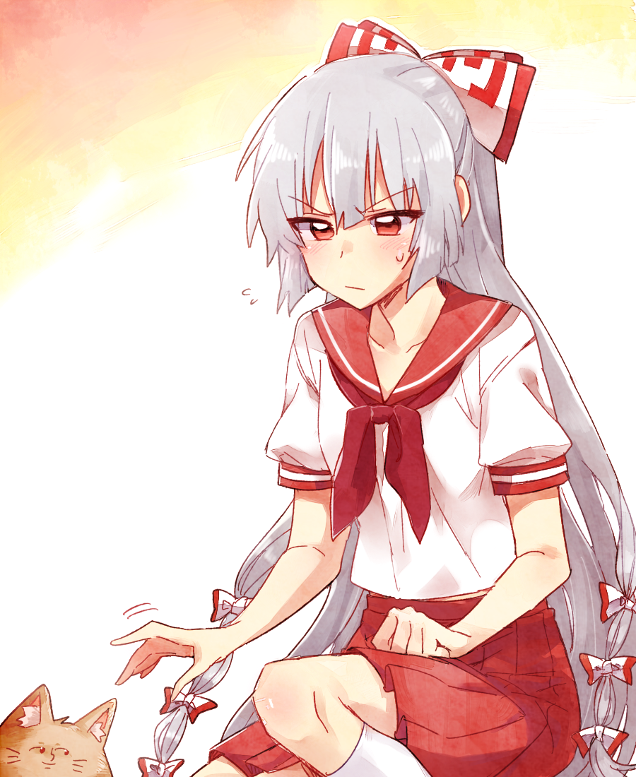 1girl, adapted_costume, cat, commentary_request, flying_sweatdrops, fujiwara_no_mokou, hair_ribbon, lenny_face