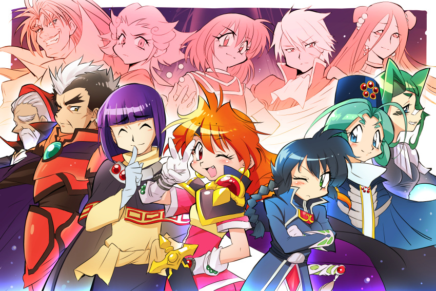 6+boys, 6+girls, beard, black_hair, blue_eyes, blue_hair, chaos_dragon_garv, closed_eyes