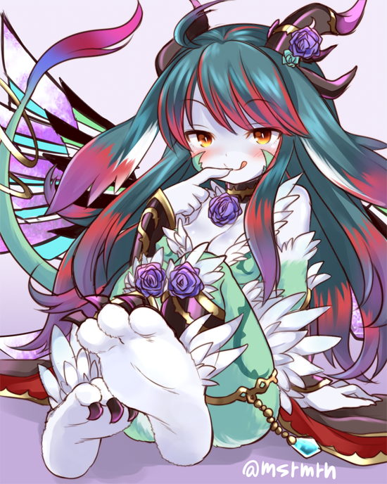 1girl, ahoge, aqua_hair, bangs, blue_rose, blush, breasts, cleavage, collar, detached_sleeves, dragon_girl, dragon_horns, dragon_tail, dragon_wings, feet, finger_to_mouth, flower, fur_trim, grey_skin, horns, licking_lips, linthia_(p&amp;d), long_hair, looking_at_viewer, marshmallow_mille, monster_girl, multicolored_hair, puzzle_&amp;_dragons, redhead, rose, sitting, smile, solo, swept_bangs, tail, thighlet, tongue, tongue_out, twitter_username, two-tone_hair, vambraces, wings, yellow_eyes