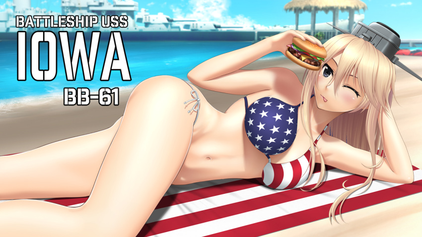 1girl, american_flag_bikini, battleship, beach, bikini, blonde_hair, breasts, flag_print