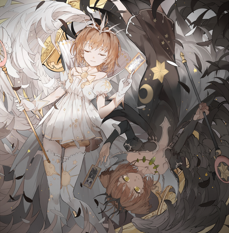 2girls, antenna_hair, brown_hair, card, cardcaptor_sakura, clow_card, dark_(clow_card), dark_persona