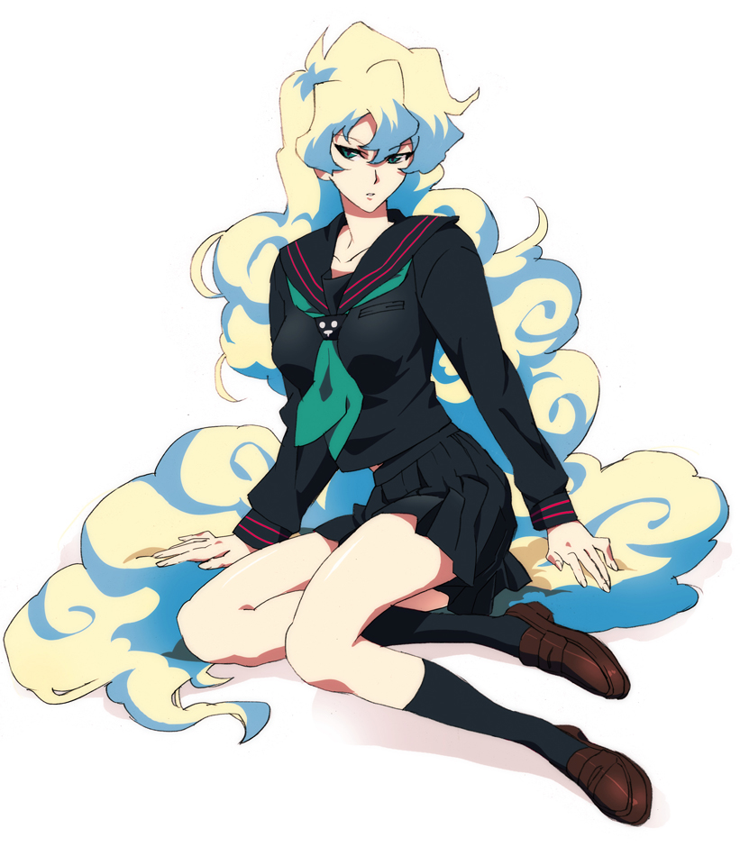 b255, curly_hair, green_eyes, kneehighs, loafers, long_hair, nia_teppelin, pleated_skirt