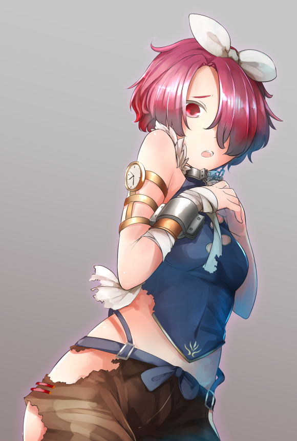1girl, :o, bandaged_arm, belt, bow, breasts, chain, clock, collar, comah, covered_navel, cowboy_shot, cuffs, from_below, grey_background, hair_bow, hair_over_one_eye, looking_at_viewer, looking_down, midriff, open_mouth, pants, red_eyes, redhead, seiken_manifestia, short_hair, sleeveless, solo, suspenders, torn_clothes, torn_pants, violet_eyes, white_bow