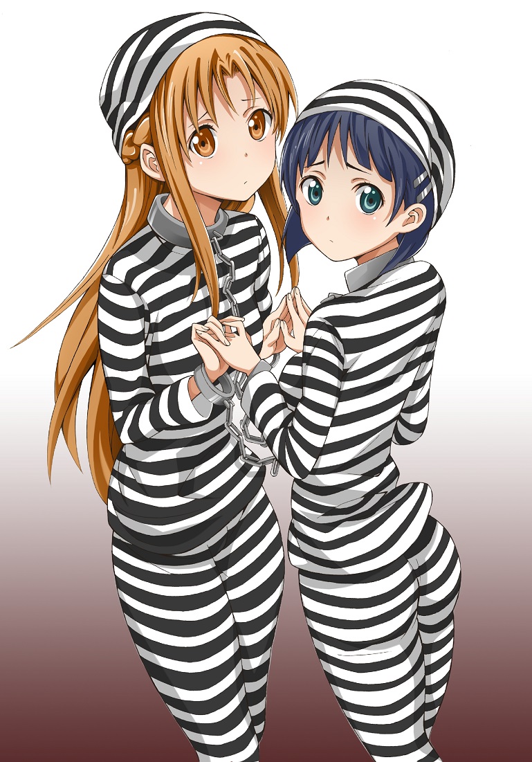 2girls, asuna_(sao), black_hair, brown_eyes, brown_hair, cuffs, green_eyes, handcuffs, hat, kirigaya_suguha, koube, long_hair, multiple_girls, prison_clothes, prison_uniform, short_hair, striped, sword_art_online