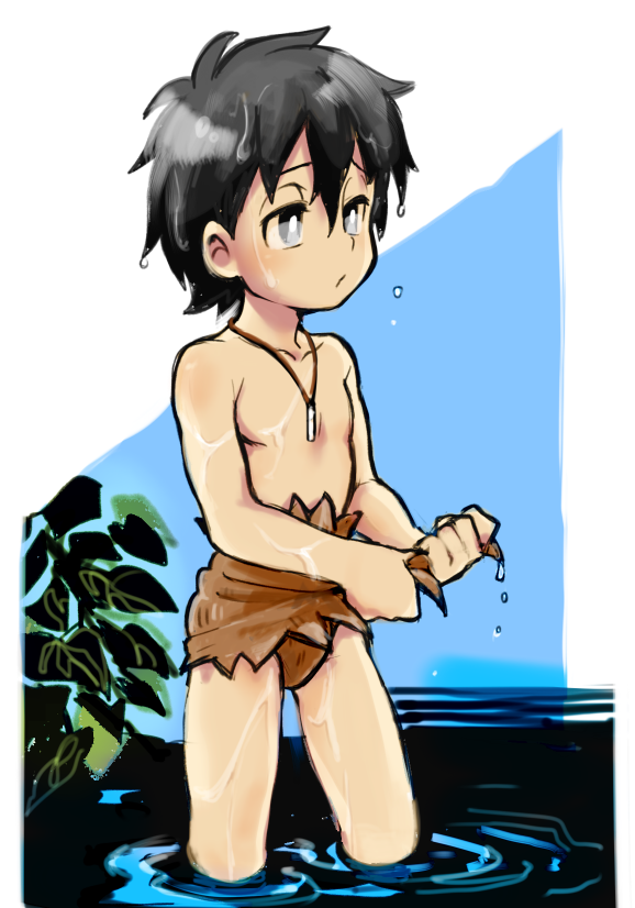 1boy, black_hair, doraemon, doraemon:_nobita_no_nihon_tanjou, grey_eyes, ieiieiiei, kukuru_(doraemon), loincloth, male_focus, solo, standing, tan, wading, wet, whistle, wringing_clothes