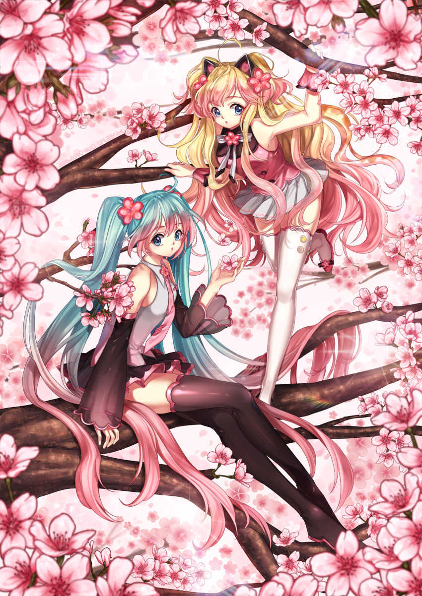 2girls, alternate_hair_color, bad_id, blonde_hair, blue_eyes, blue_hair, boots, cherry_blossoms