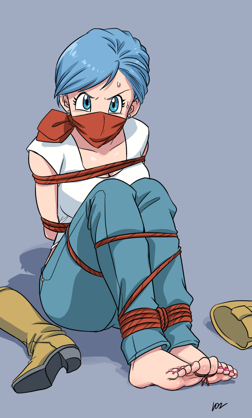 1girl, bandana_over_mouth, barefoot, blue_eyes, blue_hair, boots, bound, breasts