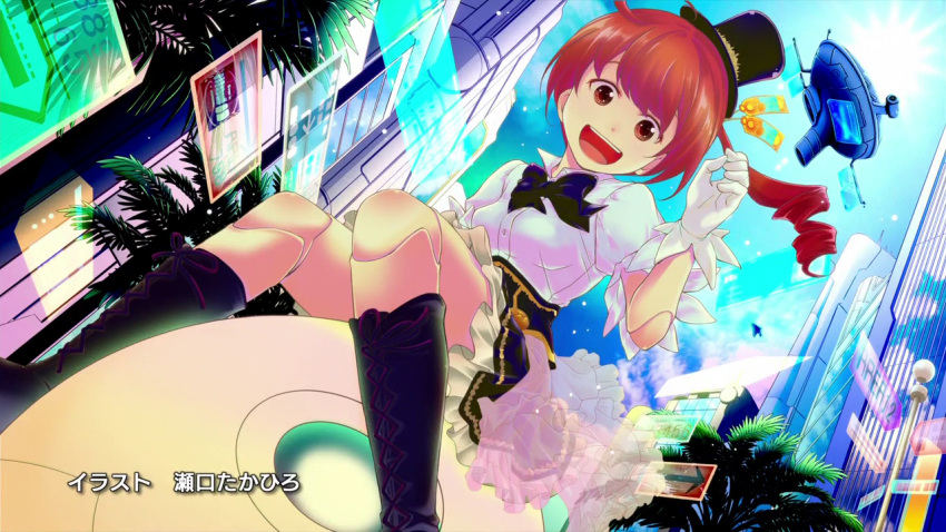 :d, airship, city, end_card, gertsecomma, hat, hologram, koukaku_no_pandora