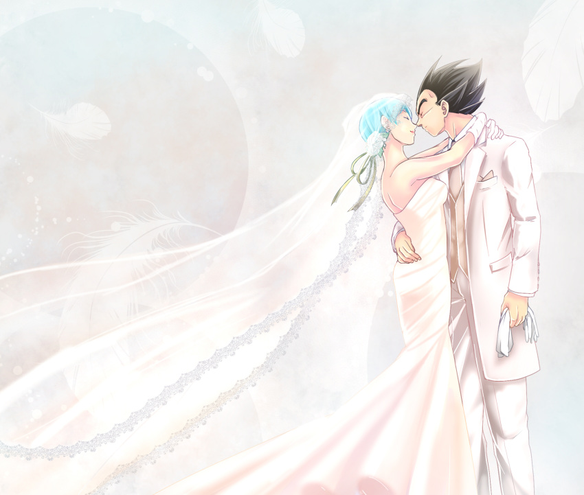 aqua_hair, arm_around_waist, arms_around_neck, black_hair, bridal_veil, bulma, closed_eyes, dragon_ball